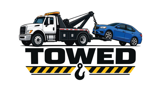 Tow truck vector graphic hauling a blue car. Professional towing service illustration and logo design