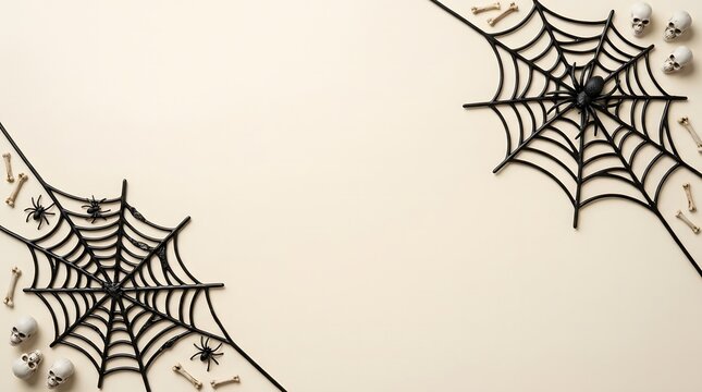 Black spider webs arranged in opposite corners on a plain light background creating a festive halloween frame with plenty of empty space