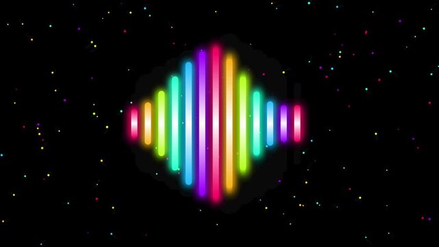 Neon Sound Wave Equalizer with Vibrant Rainbow Colors and Glowing Particles on Black Background