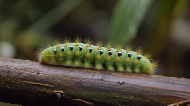 Green caterpillar crawling along a textured branch in soft natural light