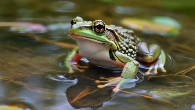 Green frog sitting serenely in shallow water with ripples during daylight