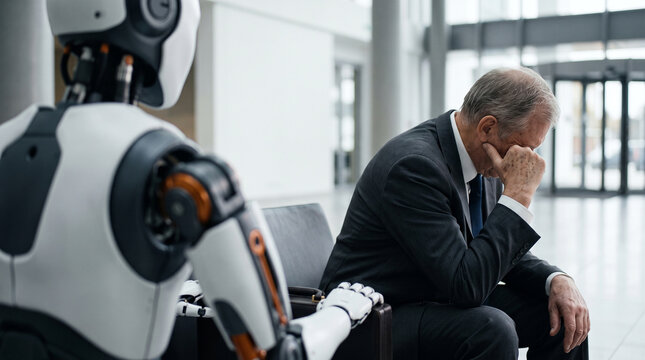 Senior candidate looking worried while waiting for job interview next to AI humanoid robot in corporate lobby