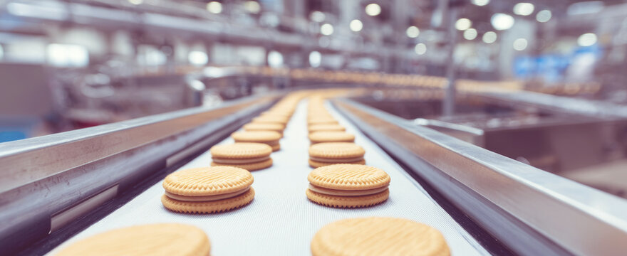 Sweet biscuits with cream filling traveling on a production line, highlighting industrial food manufacturing and efficiency