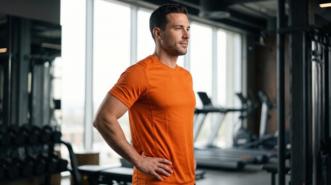 Athletic man in orange t-shirt resting after workout in a modern gym with exercise equipment