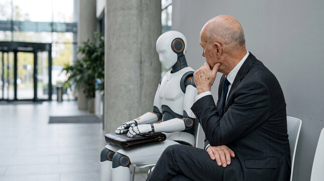 Senior candidate looking worried while waiting for job interview next to AI humanoid robot in corporate lobby