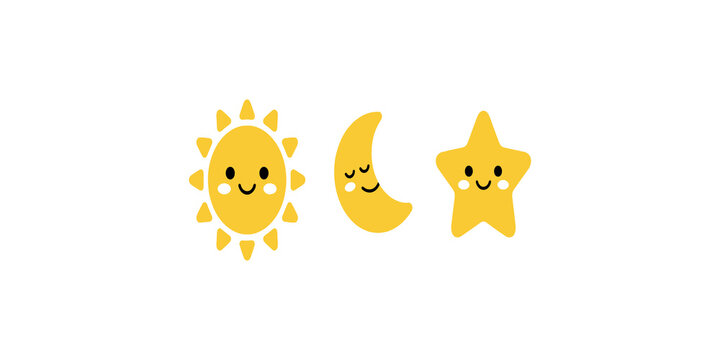 Cute cartoon yellow sun moon and star icons with smiling faces set against gray checkered transparent background.