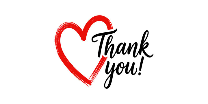Red brush stroke heart shape with black calligraphy script thank you text for romantic appreciation message card.