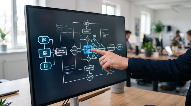 Developer pointing at computer screen showing artificial intelligence neural network flowchart diagram, deep learning algorithm process with data input feature extraction and