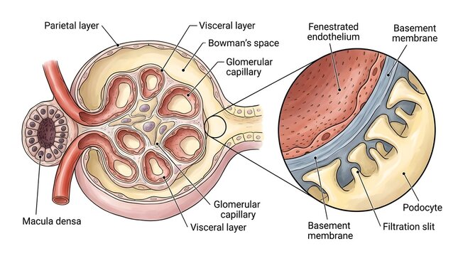Microscopic cross section of a renal corpuscle with detailed podocyte structure