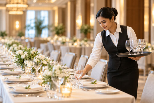 Hotel Banquet Server Setting Table Before Event