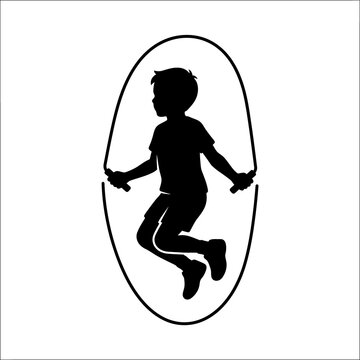Black silhouette of a young boy jumping rope for fitness and cardio training designed for health and school physical education graphics on transparent background.