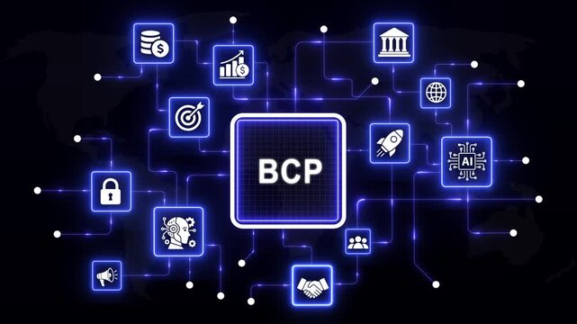 Business continuity planning bcp concept with glowing digital network and connected nodes on a dark background, representing corporate resilience, strategic risk management, and enterprise data