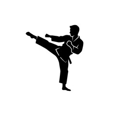 Martial arts fighter silhouette performing high side kick wearing traditional white gi uniform during karate training session. Black graphic of athletic male combat. © Mr