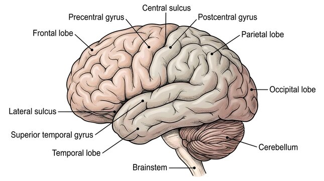Human brain anatomy showing lobes and functional areas with cerebral cortex