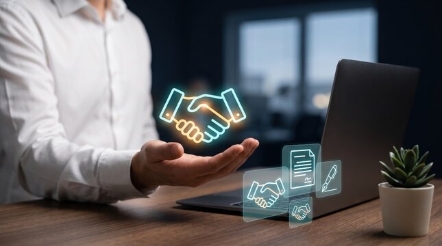 Digital handshake floating icon on businessman hand, corporate partnership and deal agreement, modern smart contract electronic signature concept