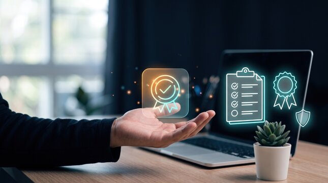 Digital quality assurance concept, hand holding glowing checkmark badge icon, business compliance standard and certification approval