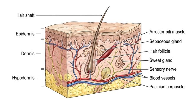 Cross section of human skin showing layers and hair follicle anatomy with sebaceous gland