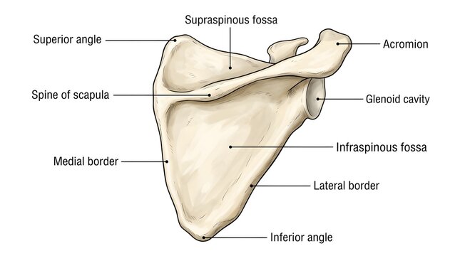 Anatomical diagram of the human scapula bone showing surface features and landmarks
