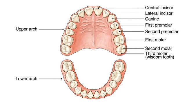 Diagram of human teeth showing the upper and lower dental arches with labels