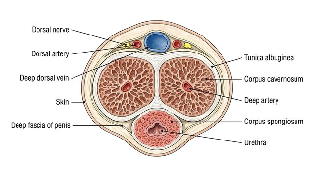 Transverse cross-section diagram of the human penis showing internal structures