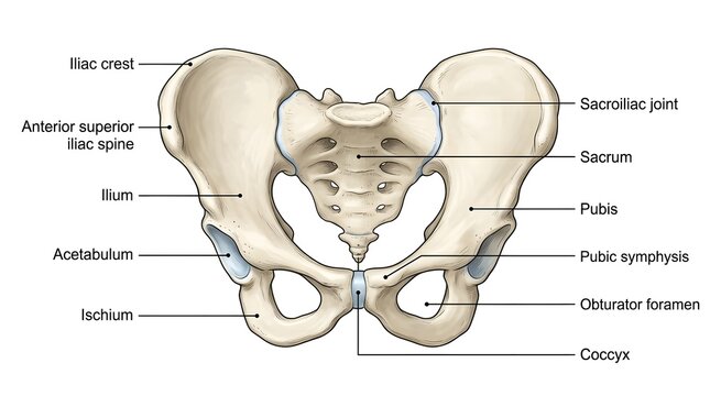 Anatomical illustration of the human pelvic bone with labeled skeletal components