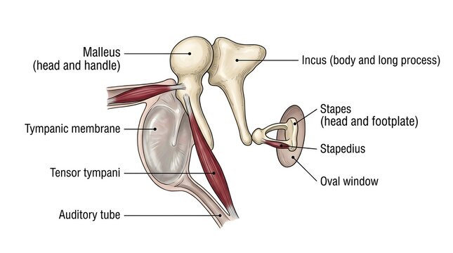 Anatomical diagram of human middle ear bones and associated structures with ear anatomy