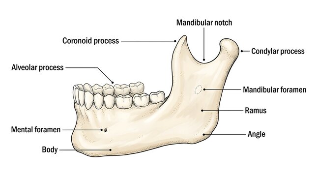 Anatomical illustration of a human mandible bone with detailed labels lower jaw clinical