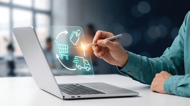 E-commerce digital shopping concept with hologram interface, online store shopping cart delivery interface, business logistics technology