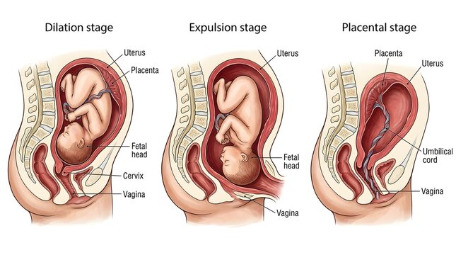 Three stages of human childbirth illustration from dilation to placenta with childbirth