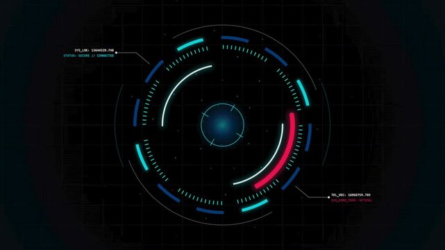 Cyan and magenta circular HUD interface with segmented rings, technical markers and glowing center on a dark grid. Futuristic technology graphic