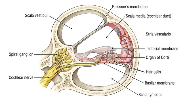 Cross section diagram of the human inner ear cochlea detailing sensory hair cells