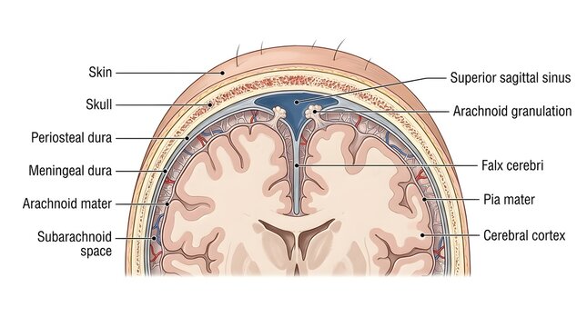 Cross section illustration of human brain meninges and cerebral cortex with brain anatomy