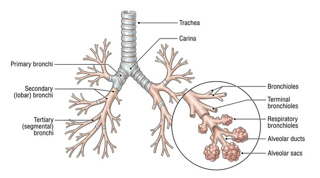 Anatomical illustration of human bronchial tree and lung alveoli structure with human body
