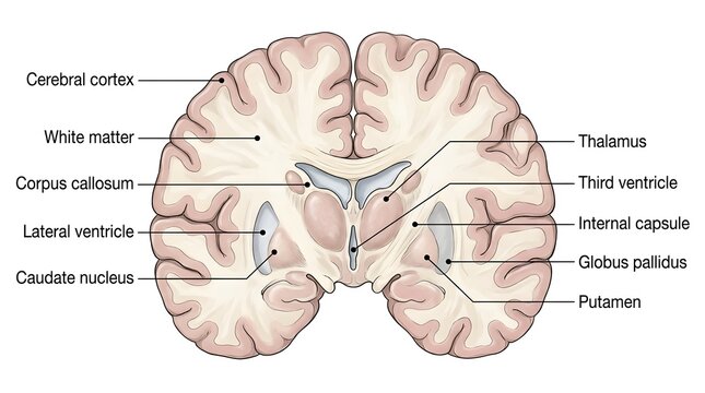 Coronal section of human brain showing internal cerebral structures with brain anatomy