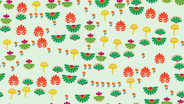 Stylized floral motifs in vibrant colors on a light background