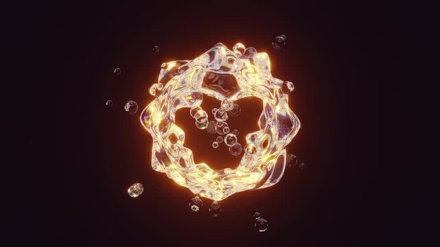 Looping 4K 3D render of transparent liquid metaball with moving ripple surface, bubbles, golden neon glow, rainbow iridescence, refraction and colorful dispersion.