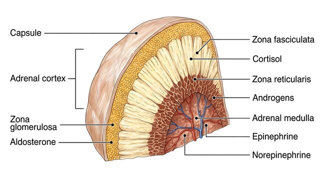 Cross section illustration of the human adrenal gland structure and hormone secretion