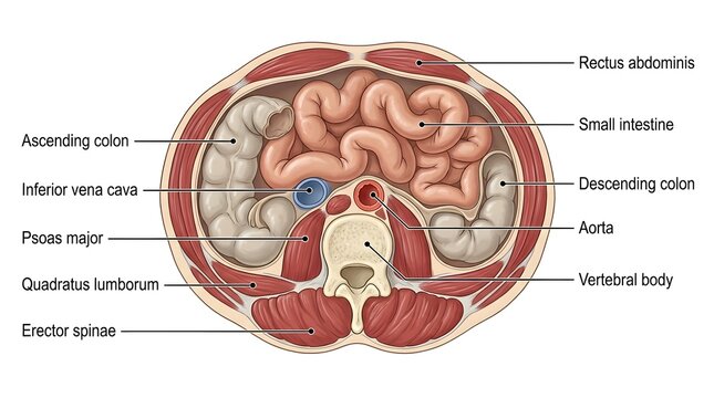 Transverse cross section of the human abdomen showing intestinal and vertebral anatomy