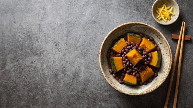 冬至のかぼちゃのいとこ煮の俯瞰写真 小豆 柚子 日本の行事食 コピースペース