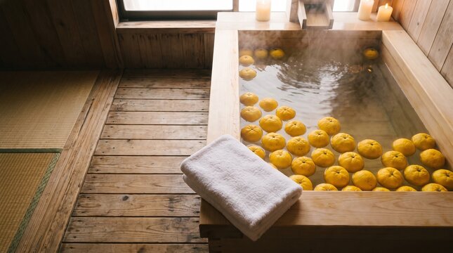 冬至のゆず湯の俯瞰写真 檜風呂 柚子 湯気 日本の冬の風習 コピースペース