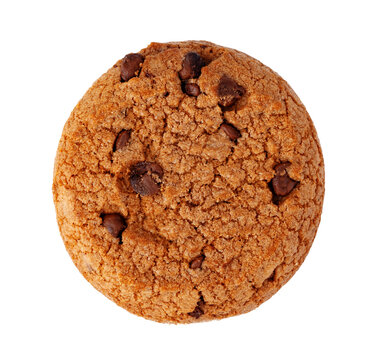 Chocolate chip cookie on a white background with visible texture and details