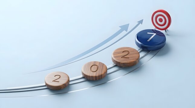 Progressive steps of wooden discs with numbers 2 0 2 7 leading to a target symbolizing growth and achievement on a light blue background with ascending arrows.