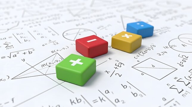 Colorful math operation blocks plus minus multiply divide on paper with mathematical formulas and equations representing education and learning