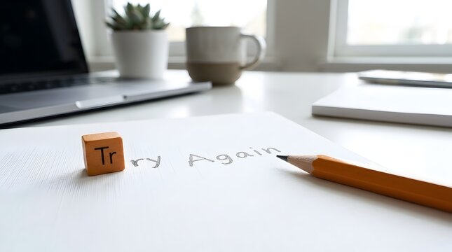 Close up of a pencil writing Try Again on paper with a laptop plant and mug in the background symbolizing perseverance and learning from mistakes.