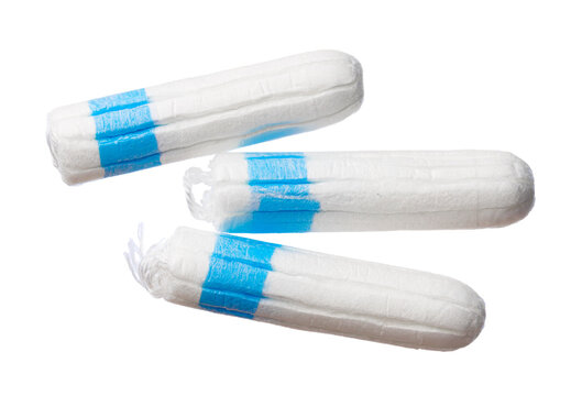 Tampons in white packaging with blue stripes on a plain background