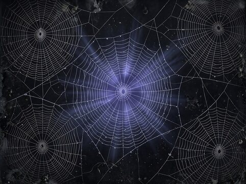 Luminous cosmic spider webs converge toward a glowing center in a deep space digital composition.