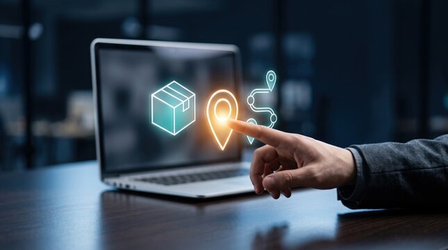 Modern digital logistics tracking concept, smart supply chain management interface on laptop, hand touching location pin icon for order delivery system