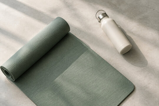 Yoga mat and reusable water bottle on gym floor, sports day and fitness motivation concept