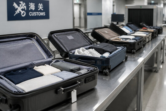 Row of opened suitcases on customs inspection table, orderly contents, neutral light.
