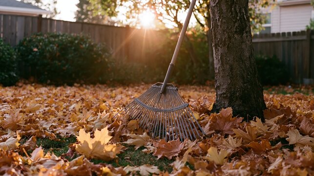 The Rake Resting Among Autumn Leaves Beside a Tree in Golden Evening Light